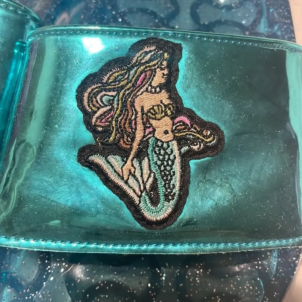I’m really a mermaid teal turquoise slides jellies 12 euc beach pool vacation